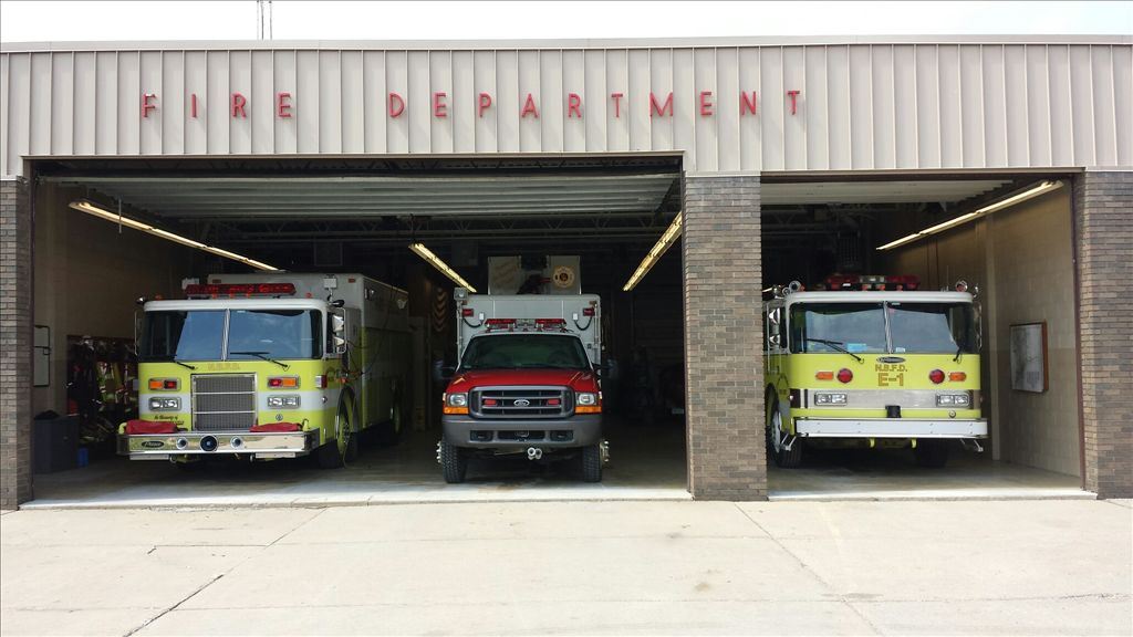 Fire trucks parked in the Fire Department garage